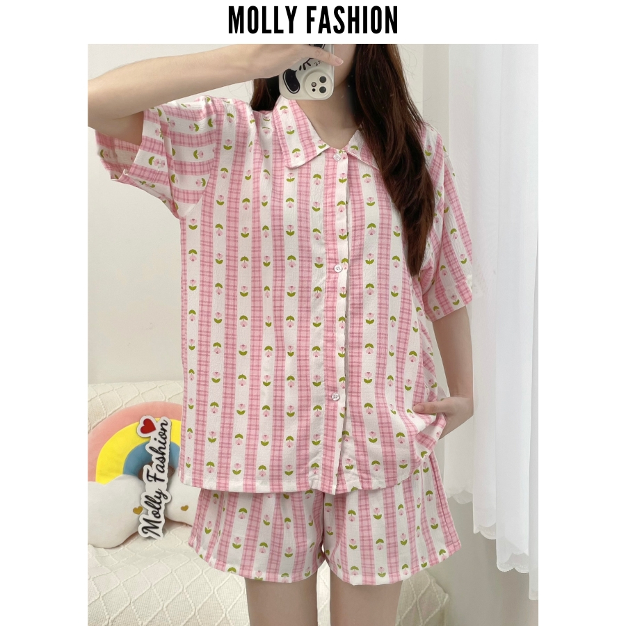 Đồ ngủ pyjama nữ đũi xốp HUMI form rộng | Bộ ngủ hoạt hình mặc nhà Molly Fashion