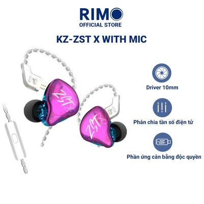Tai nghe dây có mic hiệu KZ, model ZST X độ nhạy 107dB - Màu tím - Bảo hành chính hãng 12 tháng
