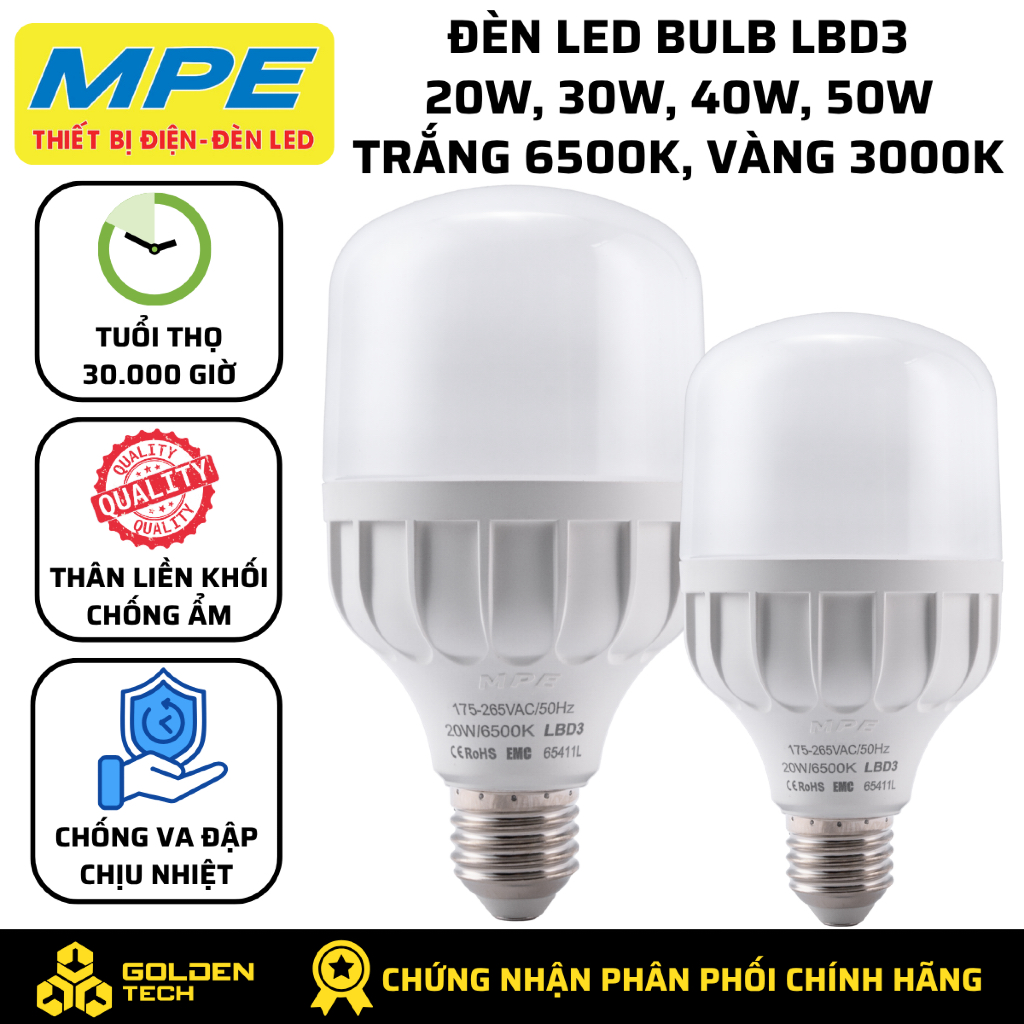 MPE - Đèn led trụ bulb 20w 30w 40w MPE trắng - vàng