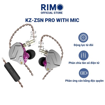 Tai nghe có mic hiệu KZ, model ZSN Pro có dây điều khiển chất lượng âm thanh cao và trầm - Màu tím