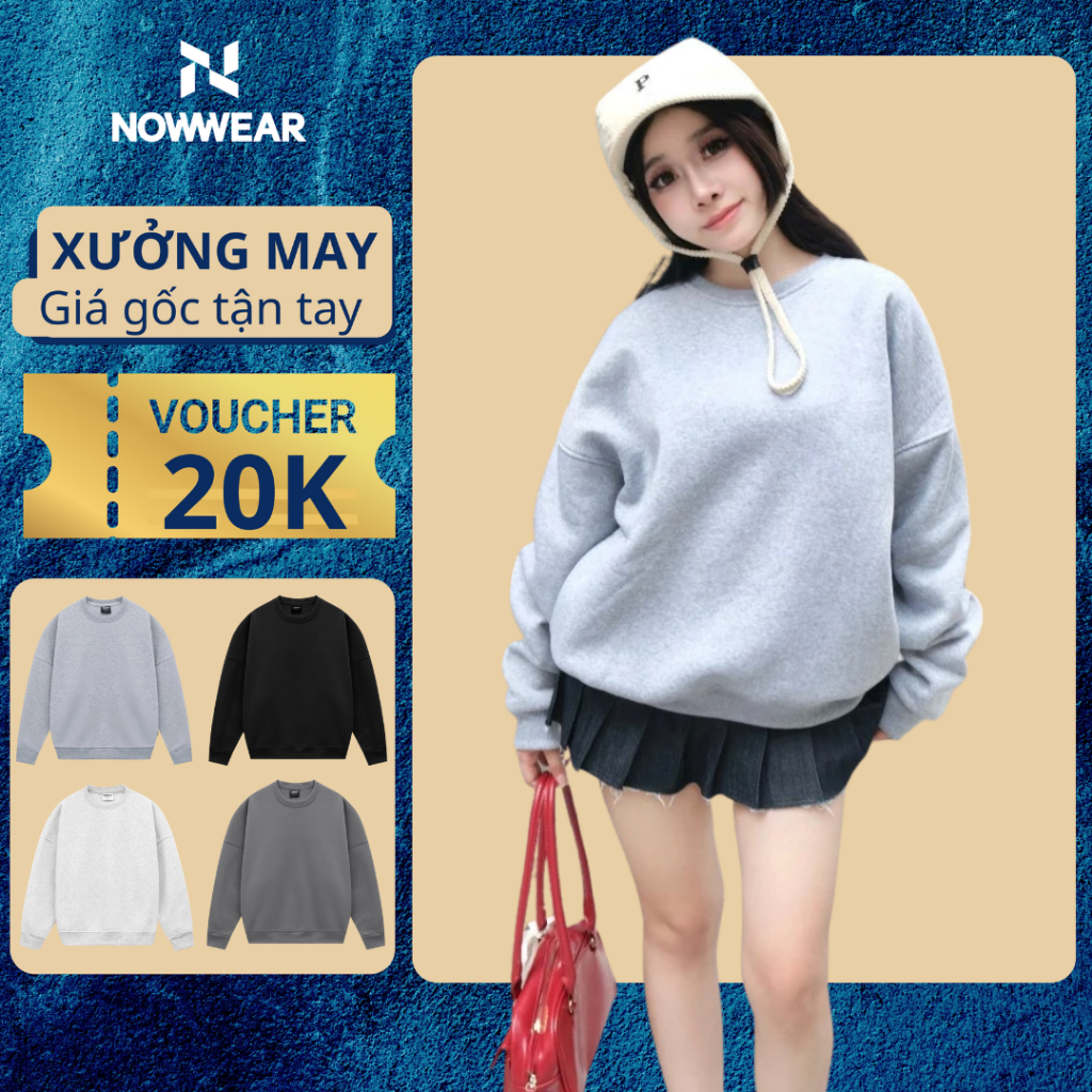 Áo Sweater Nỉ Bông Trơn Nowwear Tay Phồng Form Boxy Dày Dặn Nam Nữ Unisex | BigBuy360 - bigbuy360.vn