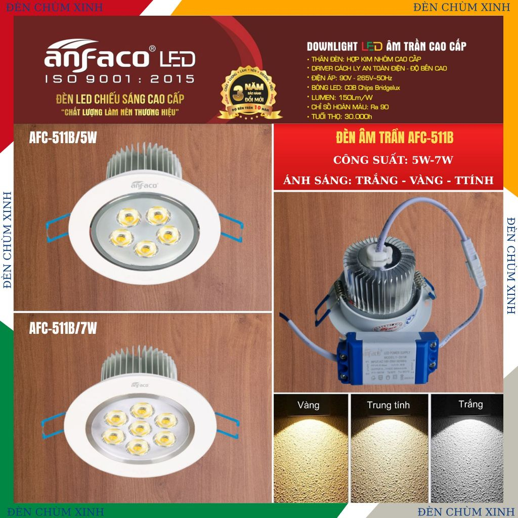 [ ĐÈN CHÙM XINH ] Đèn âm trần, đèn led downlight chính hãng(0526) ANFACO AFC-511B/5W/7W