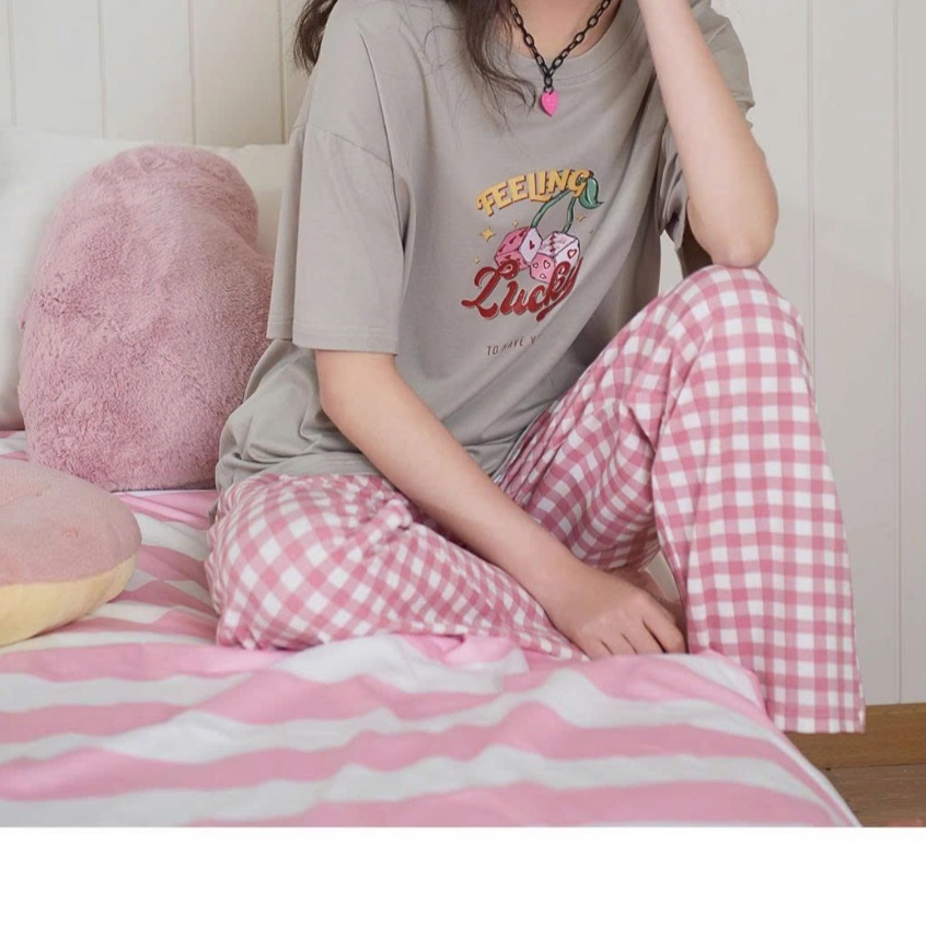 Bộ Mặc Nhà ngắn tay nữ , Quần Suông Dài Caro ANHSTORE . Set đồ nữ mặc nhà dễ thương, lịch sự