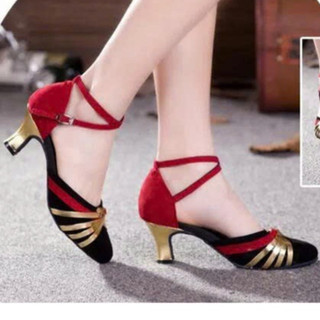 Giày khiêu vũ bít mũi 5cm màu đỏ phối dây vàng ánh cao cấp