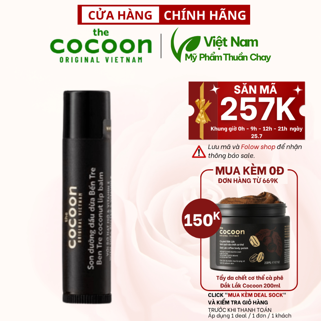  Son Dưỡng Dầu Dừa Bến Tre Cocoon 5g - Mỹ phẩm thuần chay Việt Nam 