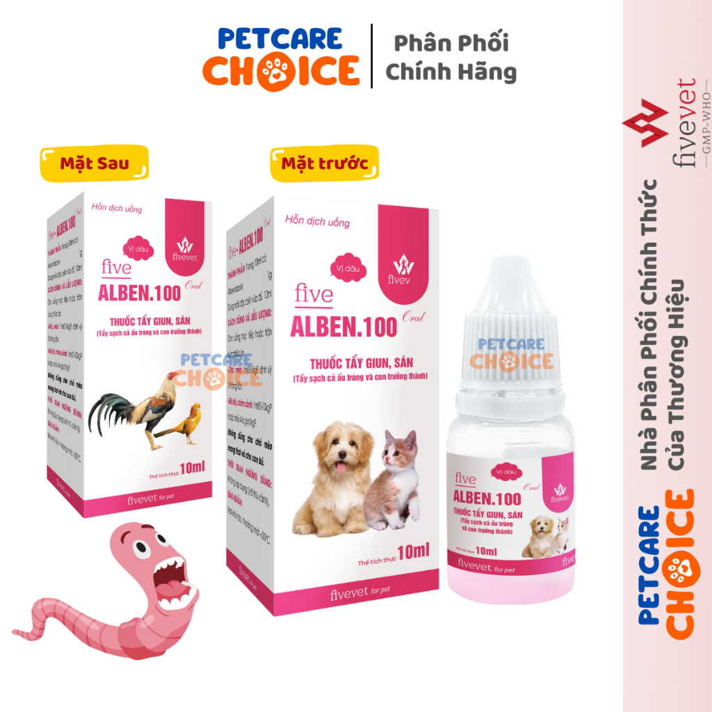 FIVE ALBEN 100 Siro Xổ Giun Vị Dâu Cho Chó Mèo - Chai 10ml