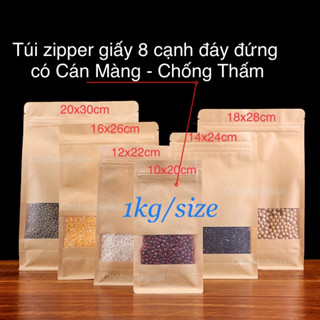  {1kg  size} Túi zipper giấy Kraft Vàng 8 CẠNH đáy đứng cửa sổ tràn CÁN MÀNG-CHỐNG THẤM NƯỚC  có sẵn 6 size - sp y hình  