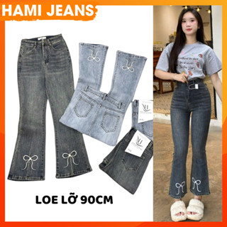  Quần jean ống loe lỡ 90cm quần bò loe 9 tấc co giãn lưng cao xẻ ống thêu nơ chất vải đẹp quần jean ống loe thêu nơ 