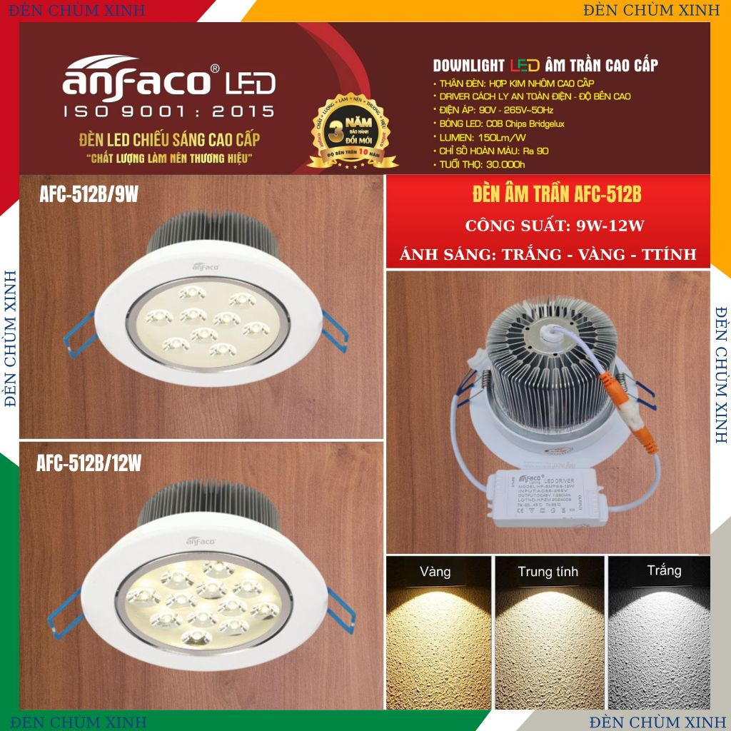 [ ĐÈN CHÙM XINH ] Đèn âm trần, đèn led downlight chính hãng ANFACO AFC-512B/9W/12W