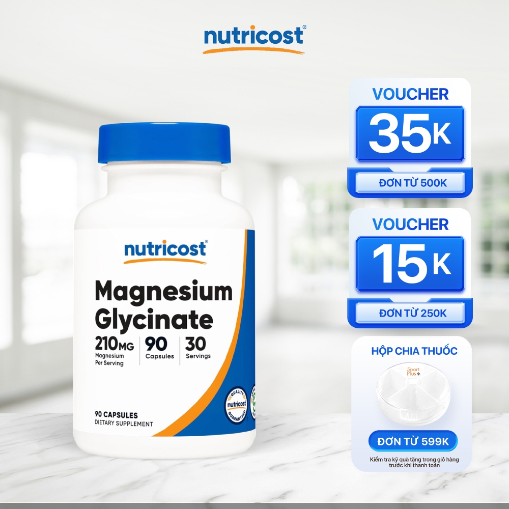 Viên magie hữu cơ Magnesium Glycinate Nutricost (90 viên) hỗ trợ giấc ngủ, giảm stress, chuột rút