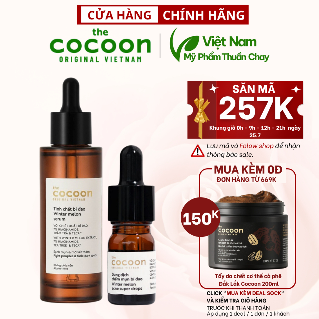 Bộ tinh chất bí đao cocoon 70ml + Dung Dịch Chấm mụn bí đao cocoon 5ml