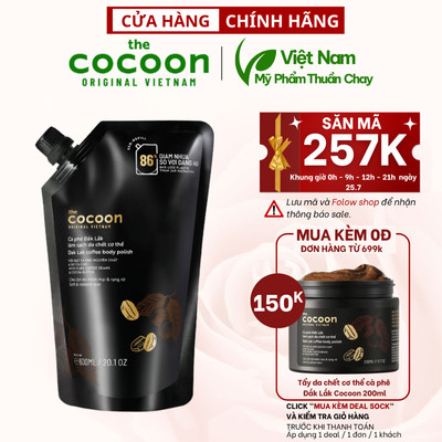 Tẩy da chết cơ thể body cà phê cocoon 600ml thuần chay Túi Refill Big size