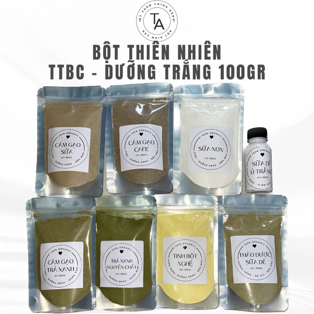100GR BỘT THIÊN NHIÊN TTBC DƯỠNG DA - Gạo sữa, Gạo cafe, Gạo trà xanh, Trà xanh, Tinh nghệ, Thảo dượ