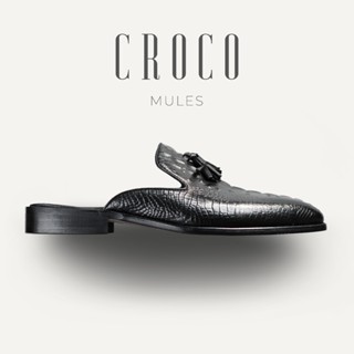  Giày sục nam CROCO MULES cao cấp da bò dập vân cá sấu màu đen thanh lịch văn phòng TONKIN 