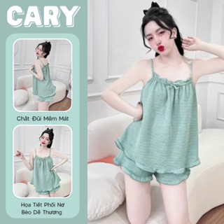Bộ đồ ngủ mặc nhà áo hai dây phối quần shọrt chất đũi xốp cao cấp, đồ bộ ngủ 2 dây họa tiết trơn BIGSIZE mềm mát CARY