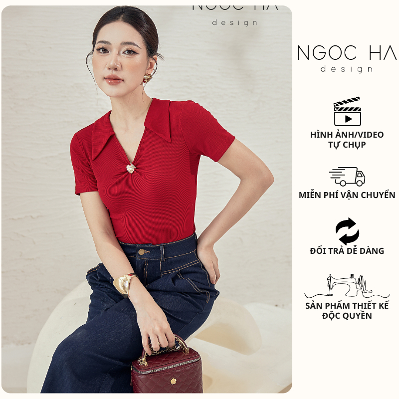 Áo Dệt Kim Tay NgắnCaryln Top_ Áo Thun Nhún Ngực Tay Cộc Màu Đỏ NGOC HA Design A1062