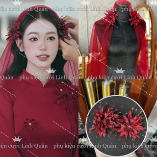 Combo hoa cài tóc + voan đỏ đô xinh cho cô dâu | PHUKIENCUOILINHQUAN