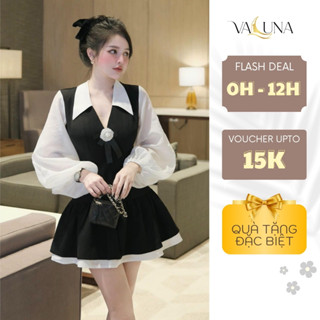 Váy tiểu thư phối voan tay bồng thiết kế sang chảnh, đầm nữ cổ sơ mi ngắn dự tiệc VALUNA V300