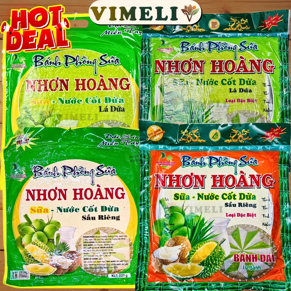 Bánh Tráng Sữa Dừa Nhơn Hoàng Đặc Sản Miền Tây - Bánh Phồng Sữa Nhơn Hoàng Cốt Dừa Sầu Riêng Lá Dứa - Bánh Tráng VIMELI