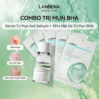  【COMBO Serum Lanbena Axit Salicylic Giảm Mụn Mụn Nhọt Mụn Trứng Cá Tinh Chất Ẩm Kiểm Soát Dầu 12ml+5Pcs Mặt Nạ Trị Mụn 
