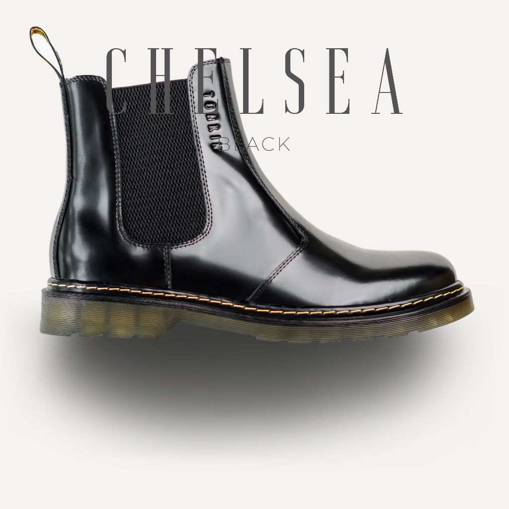 Giày boot nam màu đen da bò DR CHELSEA da thật đen bóng cao cấp, giày chelsea nam TONKIN