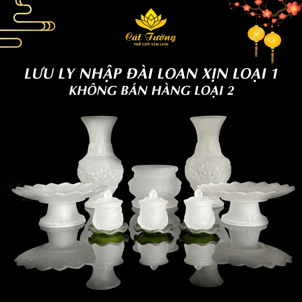 Bộ Thờ Cúng Lưu Ly Trắng Cao Cấp Gồm Lư Hương, Bình Hoa, Đĩa Trái Cây, Chum Nước Đá Lưu Ly Cao Cấp - Đồ Thờ Cát Tường
