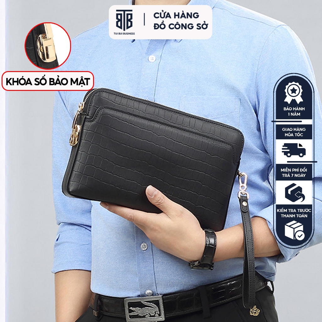 Ví Clutch da bò dập vân cá sấu cầm tay khóa số bảo mật  TRUE BAG BUSINESS chống nước trầy xước thiết kế sang trọng