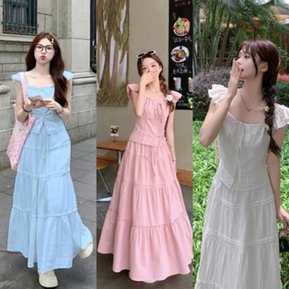 Váy maxi dáng dài phong cách Hàn Quốc tiểu thư Set Áo Thô Cánh Tiên Mix Chân Váy Xoè Tầng Xinh 