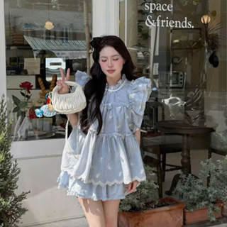 BIGSIZE HIẾU HIẾU (55-95KG) - Set babydoll Áo sọc xanh tay cánh tiên + Chân váy ngắn viền bèo S629