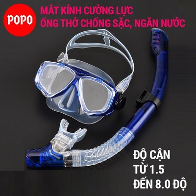 Bộ kính lặn cận độ cận 1,5 đến 8,0 độ kèm ống thở van 1 chiều POPO chống sặc nước 100%