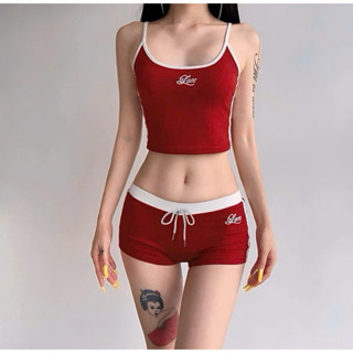  Sét Đồ Thể Thao Cạp Thấp 2 Món Áo Croptop Dây + Quần Short Viền Trắng Sét Đồ Nữ Mặc Nhà Y2K Năng Động Gợi Cảm 