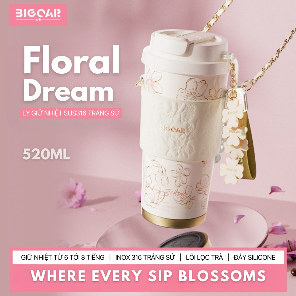 [520ML] Ly giữ nhiệt cao cấp inox 316 tráng sứ Floral Dream Big Car | Đáy Silicone - Charm Hoa