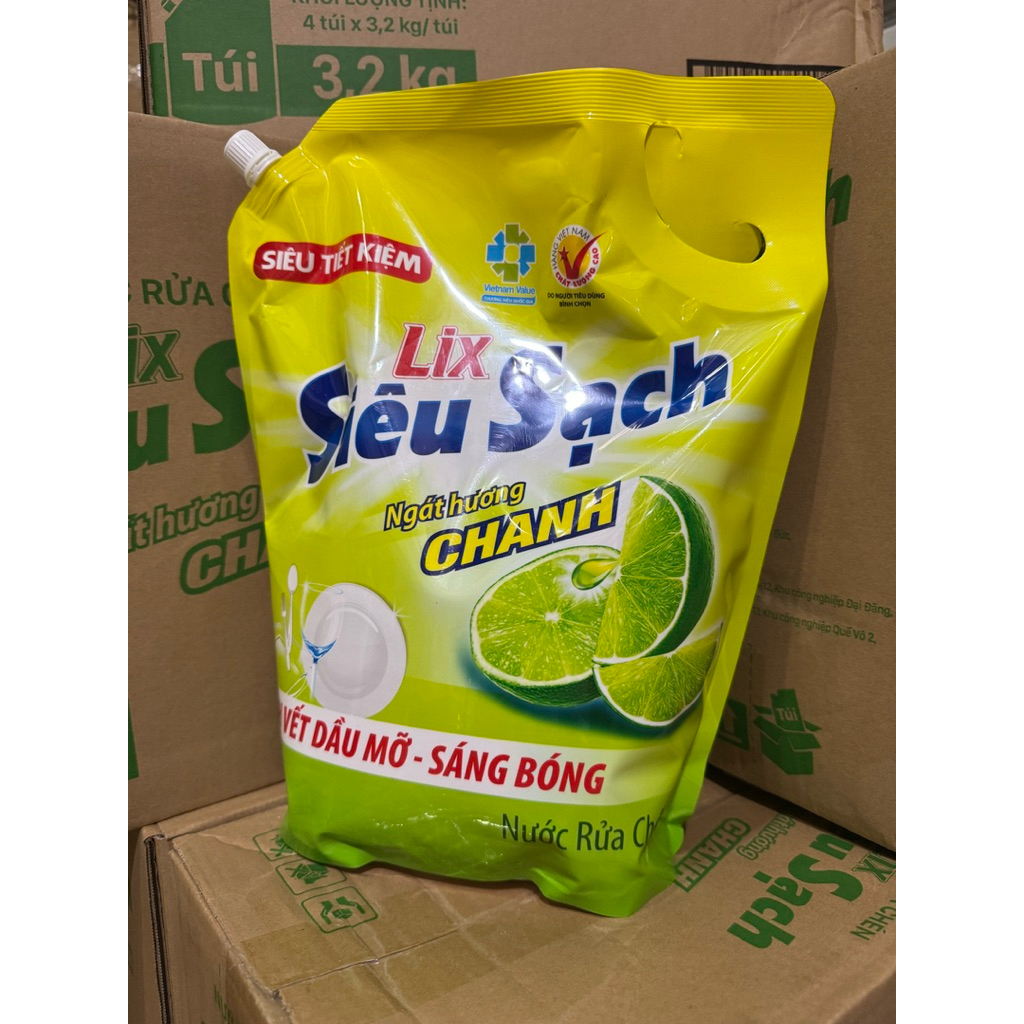 Lix Siêu Sạch Tui Nước Rửa Chén Siêu Sạch 3.2KG Ngọt Hương Chanh Loại Bỏ Vết Bẩn Cứng Đầu Tiện Lợi Dễ Sử Dụng Hàng Ngày