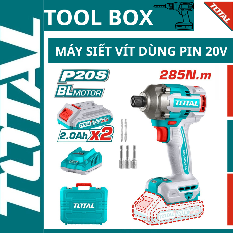 Máy Siết Vít Không Chổi Than TOTAL TIRLI2028 20V Lực Siết 285Nm 3 Tốc Độ Combo 2 Pin Sạc Hộp Đựng