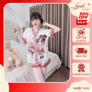   40-60Kg  Đồ Bộ Pijama Nữ Cộc Đùi Cổ V Lụa Latin Tơ Tằm Mềm Mịn Mát Freesize | Lynh Pijama 