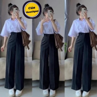 Quần Tây Ống Rộng Đi Học Nữ Lưng Cao Form Suông Khóa Giữa 1 2 Cúc Màu Đen Vải Tuyết Mưa Tôn Dáng