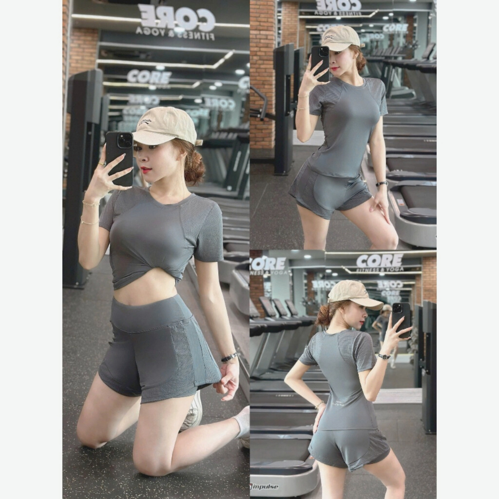 Bộ Quần Áo Tập Gym Yoga Pickleball Chạy Bộ Đạp Xe Nữ, Bộ Thể Thao Nữ Áo Phủ Bụng Phối Lưới Quần Đùi 2 Lớp Có Túi((NG39)) | BigBuy360 - bigbuy360.vn