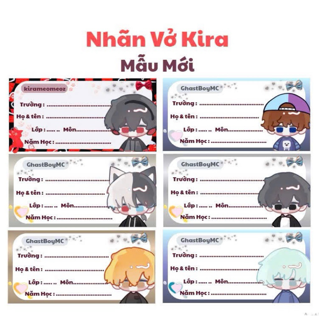 Nhãn vở KIRA Mẫu Mới 🍀FREESHIP🍀 Nhãn vở Kirameomeoz, Kresh, Kijay, Siro, Kuro  bóc Dán
