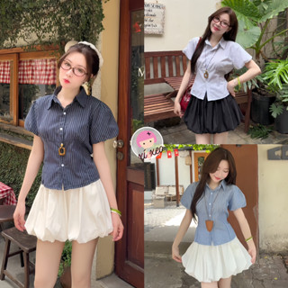 Áo sơ mi kẻ tay phồng dáng ngắn thô linen xixeoshop - A46