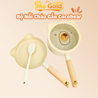 Bộ nồi chảo ăn dặm cho bé hình gấu phong cách Hàn Quốc tặng kèm thìa silicon, Bộ nồi chảo ăn dặm Shueho cho bé ăn dặm