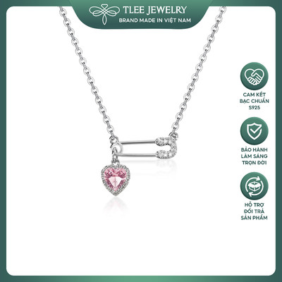Dây chuyền bạc nữ TLEE Safety Pin mặt khóa ghim băng treo trái tim đính đá hồng TLEE JEWELRY D0409