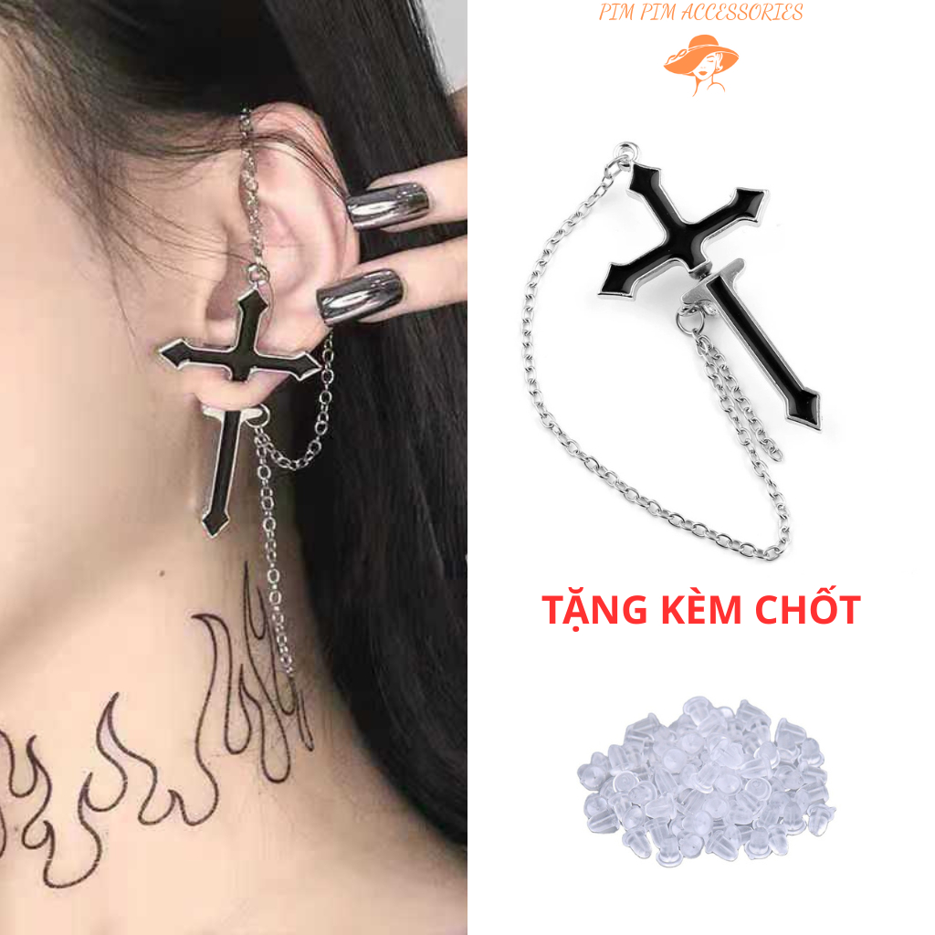 Khuyên Tai Nam Nữ Dáng Dài Gothic Hình Thánh Giá Đen Cá Tính – Phong Cách Rock, Punk, Độc Lạ
