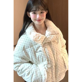 Áo khoác ngoài nữ màu trắng chấm bi cổ lông form ngắn hàng QC ấm áp mẫu mới 2025 #2662