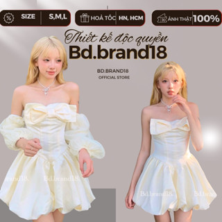 [DESIGNED BY BD.BRAND ]- BEIGE YELLOW DRESS VÁY CÚP NGỰC PHỐI NƠ DÁNG BÍ TAY BỒNG CÔNG CHÚA DẠO PHỐ, SINH NHẬT, DỰ TIỆC