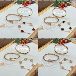 (Set mix sẵn) Vòng tay đinh titan cao cấp không han gỉ, Lắc tay cỏ 4 lá thời trang màu vàng hồng