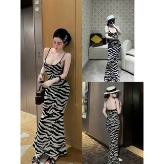  Đầm Body Hai Dây Thun Xốp May 2 Lớp Dáng Dài Họa Tiết Sọc Vằn Tôn Dáng Hở Lưng Gợi Cảm Thích Hợp Đi Tiệc Du Lịch Bát Phố 