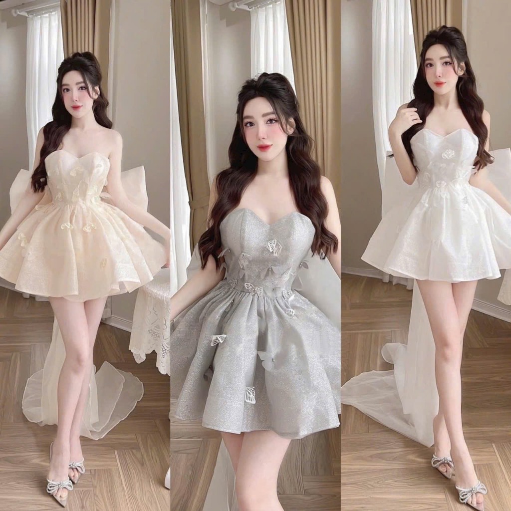 Đầm cúp đính hoa buom và hạt lung linh + nơ lưng siêu xinh full size s/m/l/xl