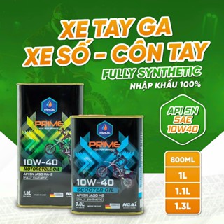 Nhớt xe máy tổng hợp toàn phần Prime 10W40 SN 0.8L, 1L, 1.1L, 1.3L cho xe số/ côn tay/ xe tay ga