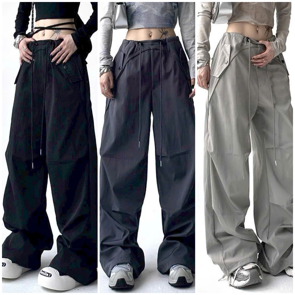 Quần dù ống rộng nữ nam thể thao, quần jogger vải dù  quần unisex, cạp cao suông dài phối dây rút st