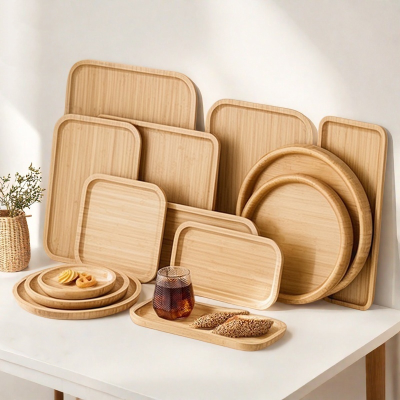 Khay gỗ decor đựng đồ ăn Mâm cơm gỗ tre chữ nhật đĩa gỗ hình vuông chụp ảnh sản phẩm Dĩa gỗ tròn đựng bánh Giba